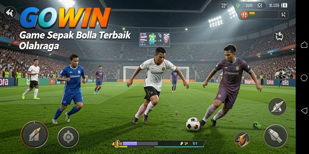 Screenshot utama GOWIN menampilkan aksi seru di lapangan sepak bola.