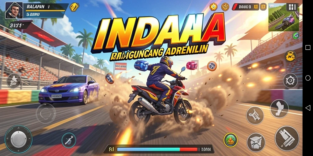 Tangkapan layar utama INDAAA menampilkan kecepatan tinggi dalam balapan yang mendebarkan.