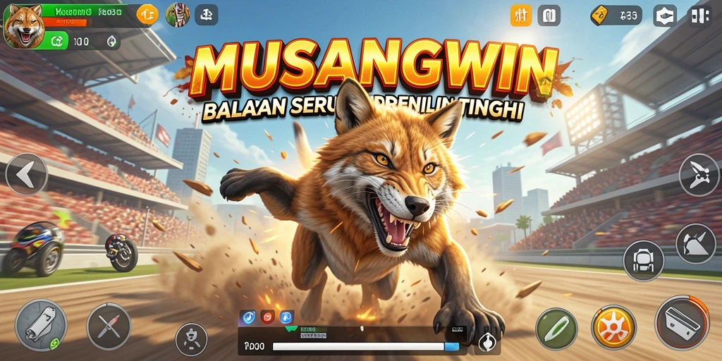 Screenshot utama MUSANGWIN menampilkan aksi balapan mendebarkan di lintasan.