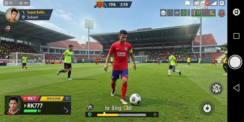 Screenshot menampilkan aksi intens dalam pertandingan sepak bola di RK77.