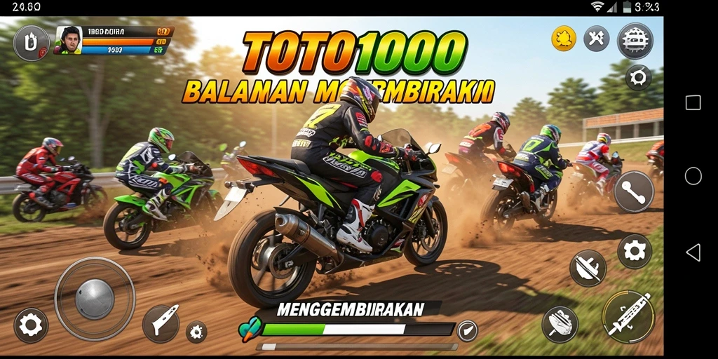 Gameplay seru dalam TOTO1000 dengan aksi balapan motor yang mendebarkan.