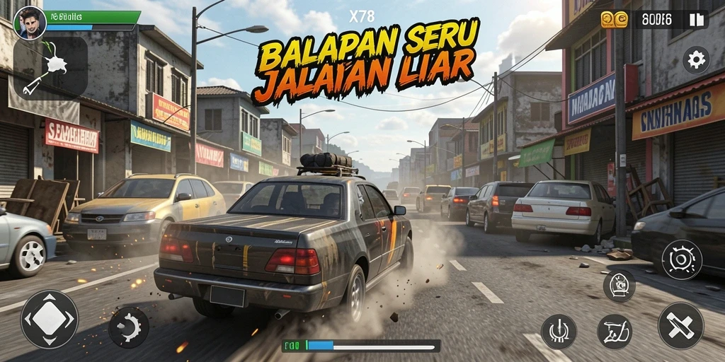 Tampilan seru dari gameplay X78 saat balapan di jalanan.